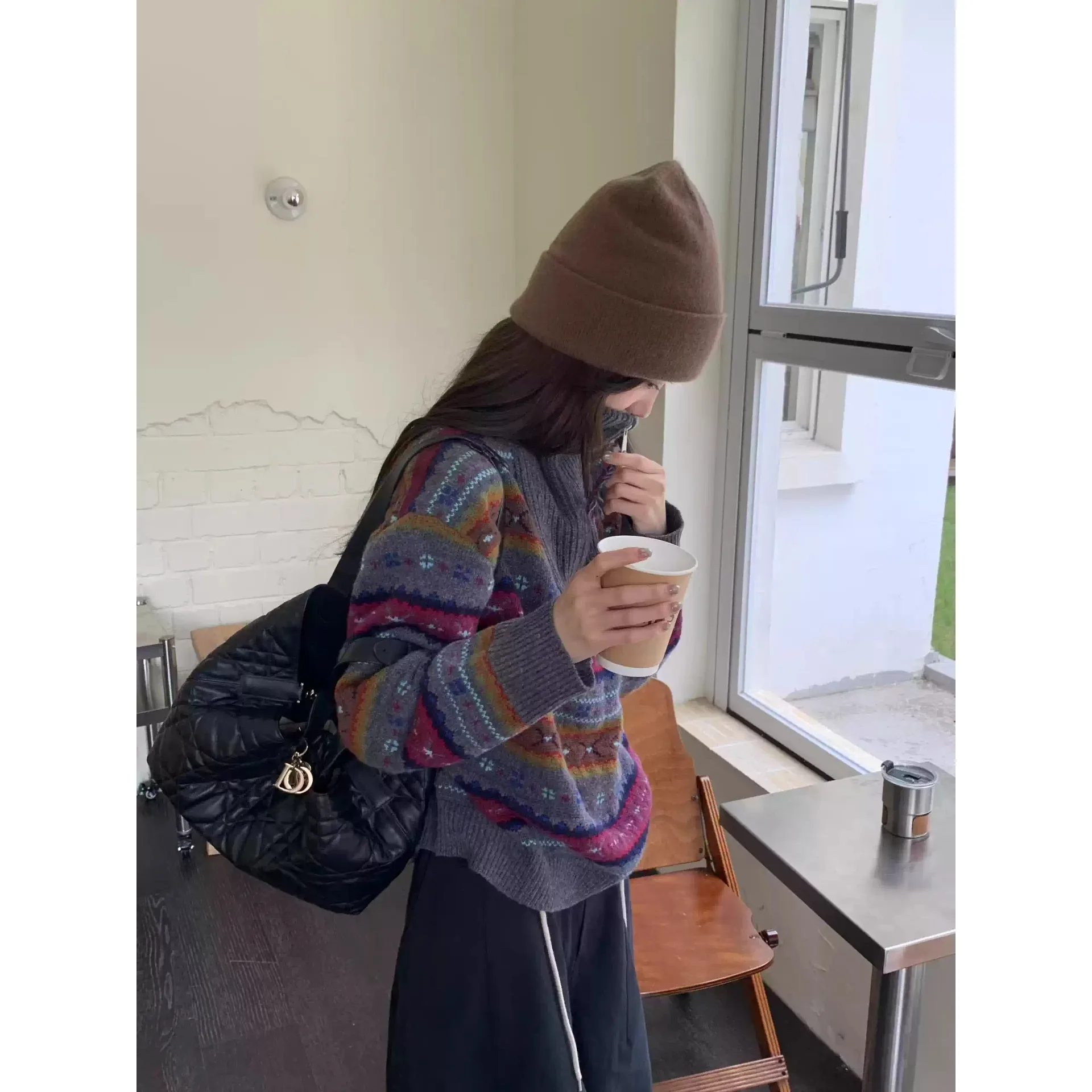 الكورية Sle عالية الياقة سترة المرأة فضفاضة كسول محبوك f سستة الخريف الشتاء جديد Faion شبكة سترة للسيدات #3