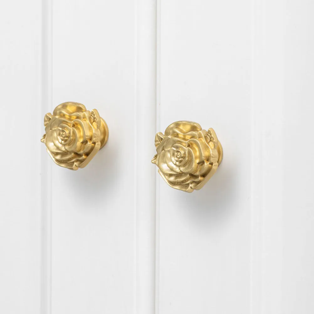 2Pcs Elegant Brass Rose Flower Cabinet Knobs French Decorative Pulls Vintage Gold Drawer Handles for Wardrobe Dresser Vanity