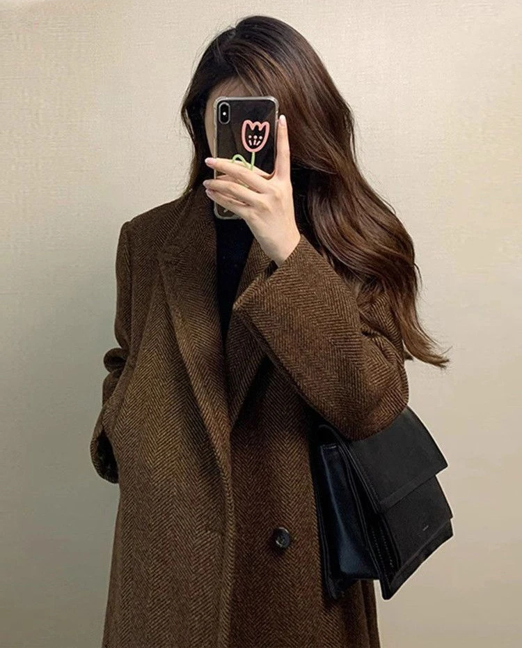 Korean Version Suit Collar Coffee Colored Woolen Coat for Women\'s Autumn and Winter New Thickened Knee Length Woolen Coat