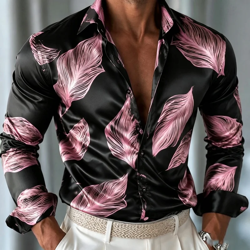 Men's new long sleeved shirt with black background, purple feathers, artistic printing, lapel cardigan, casual men's top XS-6XL
