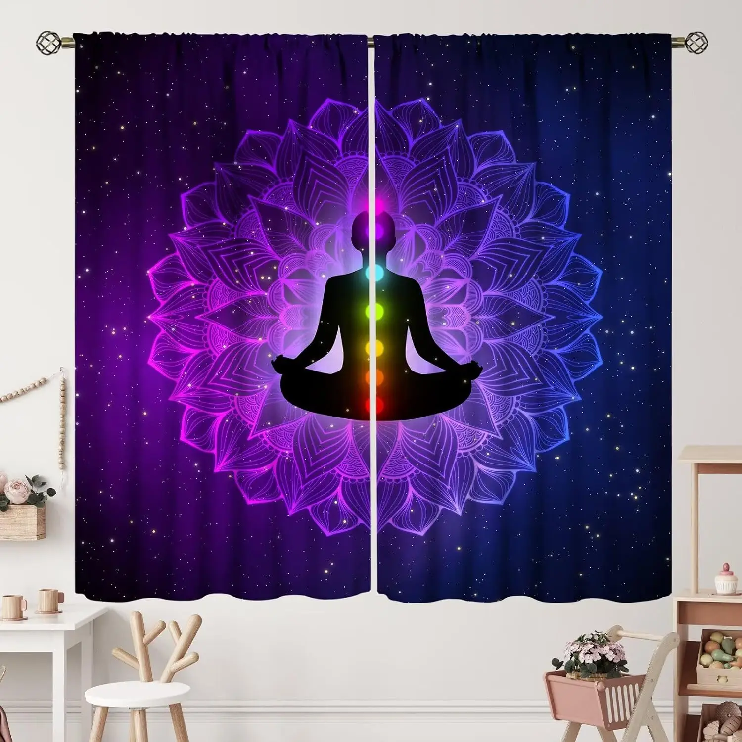 Spiritual Boho Mandala Yoga Meditation Curtain Blue Galaxy Starry Night Chakra Window Decor Tapestry Panel Home Decoration Drape