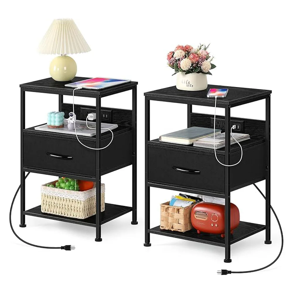 Nightstand Set of 2 with Charging Station Bed Side Table with Fabric Drawer Industrial Night Stand for Bedroom Living Room