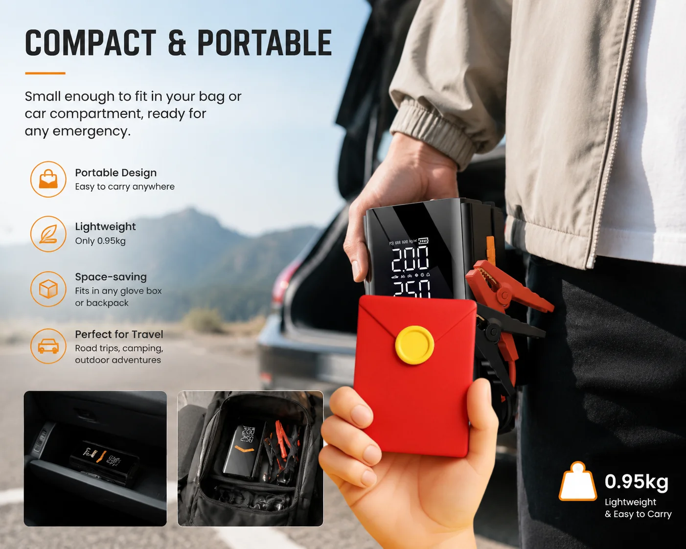 4-in-1 12V Car Battery Car Jump Starter Portable Booster Power Bank with 150PSI Tire Inflator Air Pump for Gas Diesel Vehicle