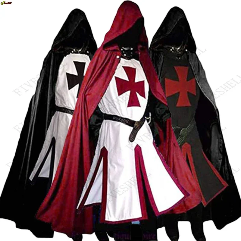

Mens Medieval Crusader Knights Templar Tunic Costumes Renaissance Halloween Surcoat Warrior Black Plague Cloak Cosplay Top