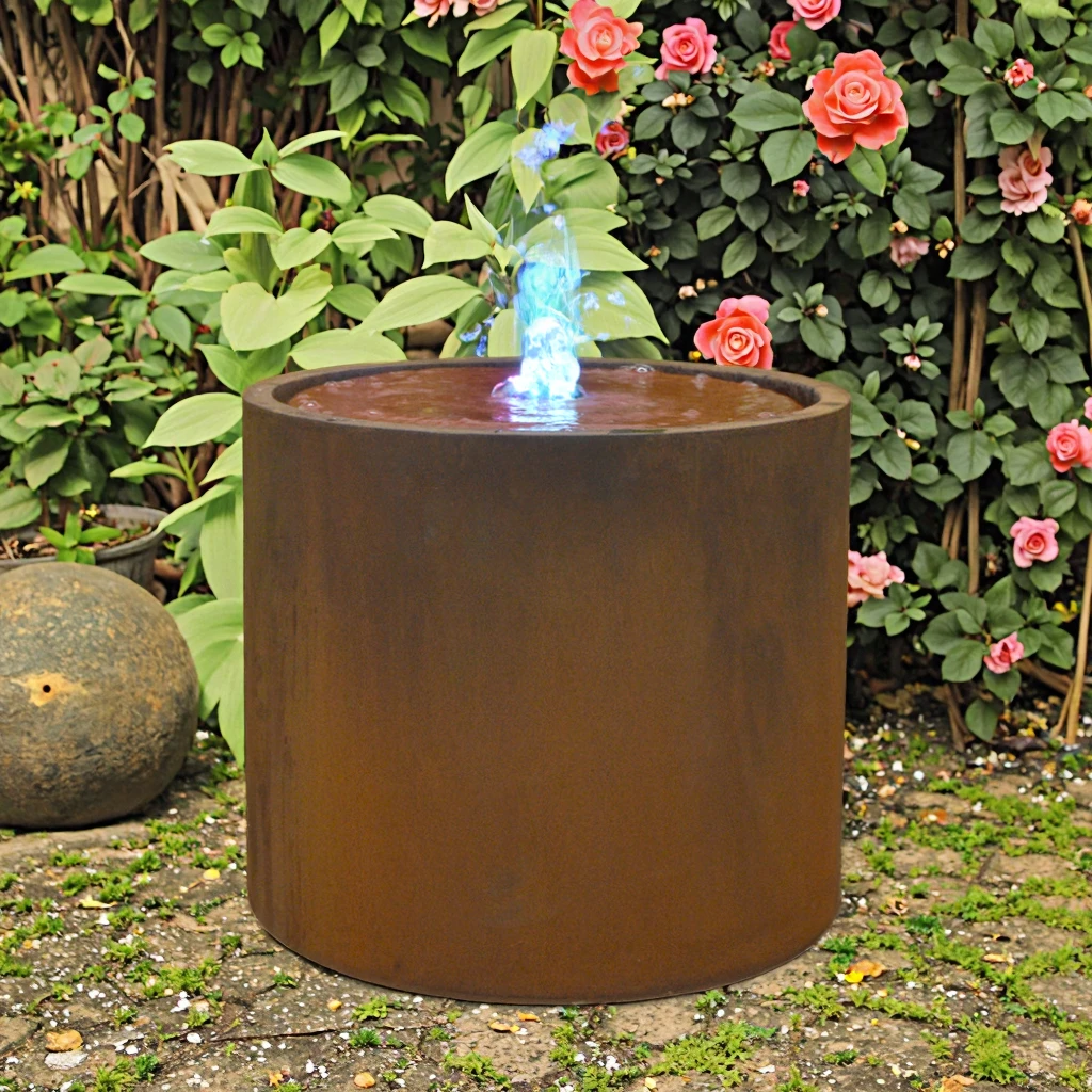 Home Garden Rustic Small Outdoor Water Waterproof LED Lights Metal Brass Steel Fabric Artificial Planter Fountain,Porch