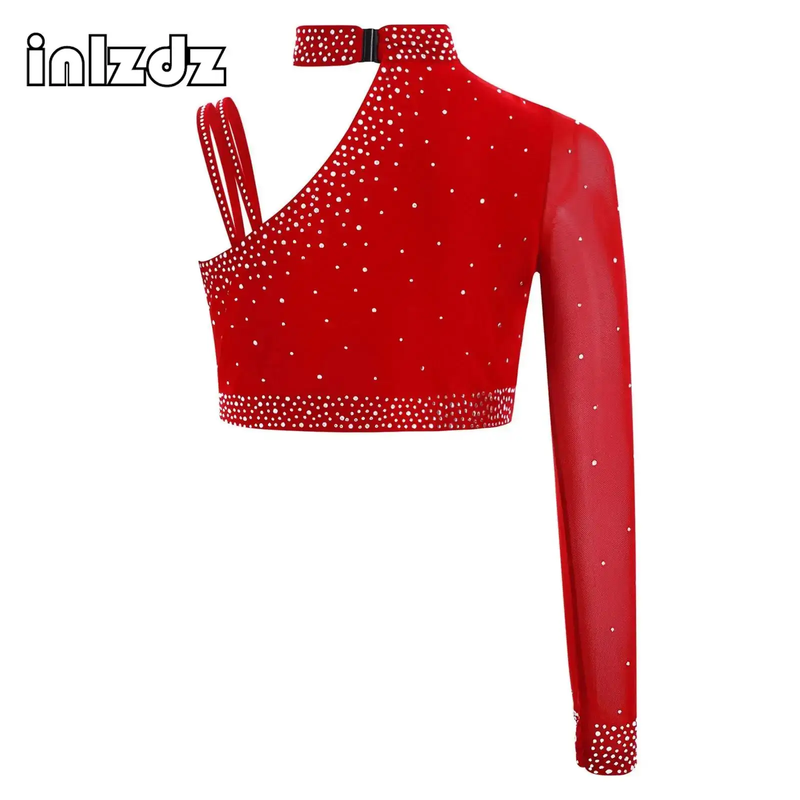 

Kids Girls Sparkly Rhinestones Figure Skating Dance Tops Unique Irregular Shoulder Mock Neck Crop Top Stage Performance Costume