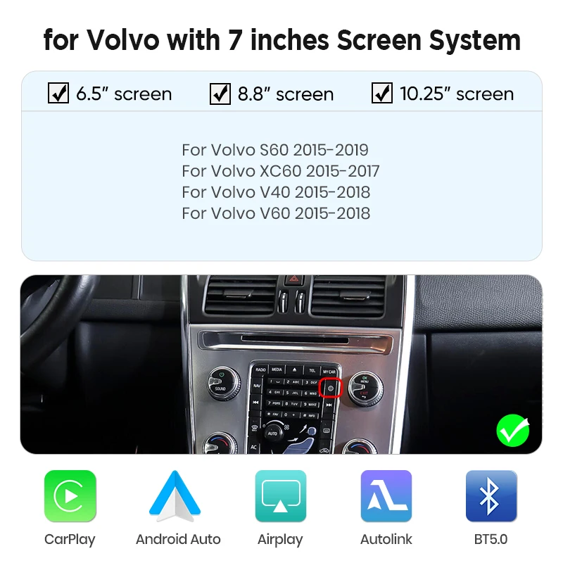 AWESAFE Draadloze CarPlay Android Auto Interface Adapter voor Volvo XC60 S80 V60 V40 2015-2019 Bluetooth Mirror Link Accessoires