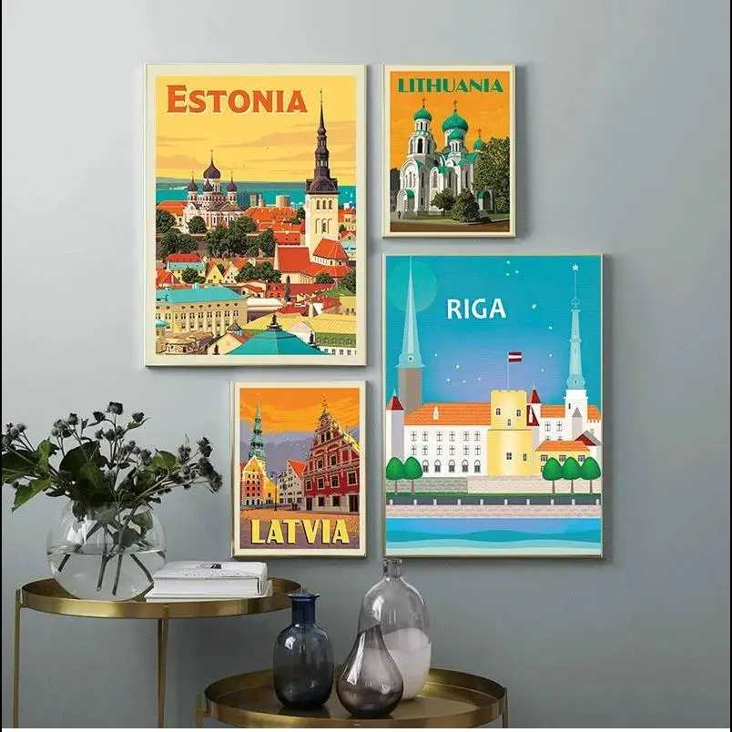 Vintage Baltic Travel Canvas Paintings  Estonia Latvia Lithuania Riga Tallinn  Kraft Posters Coated Wall Stickers  Home Decor Gi