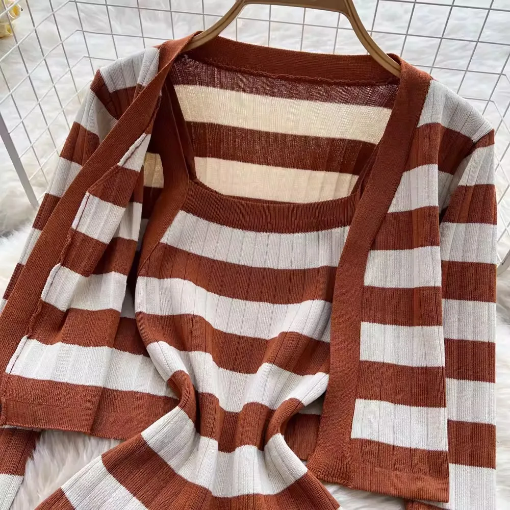 

2025 Autumn New Stripes Knit Set V-neck Long Sleeve Cardigan High Waist Hip Woman Dress Pure Desire Style Two Pieces Sets