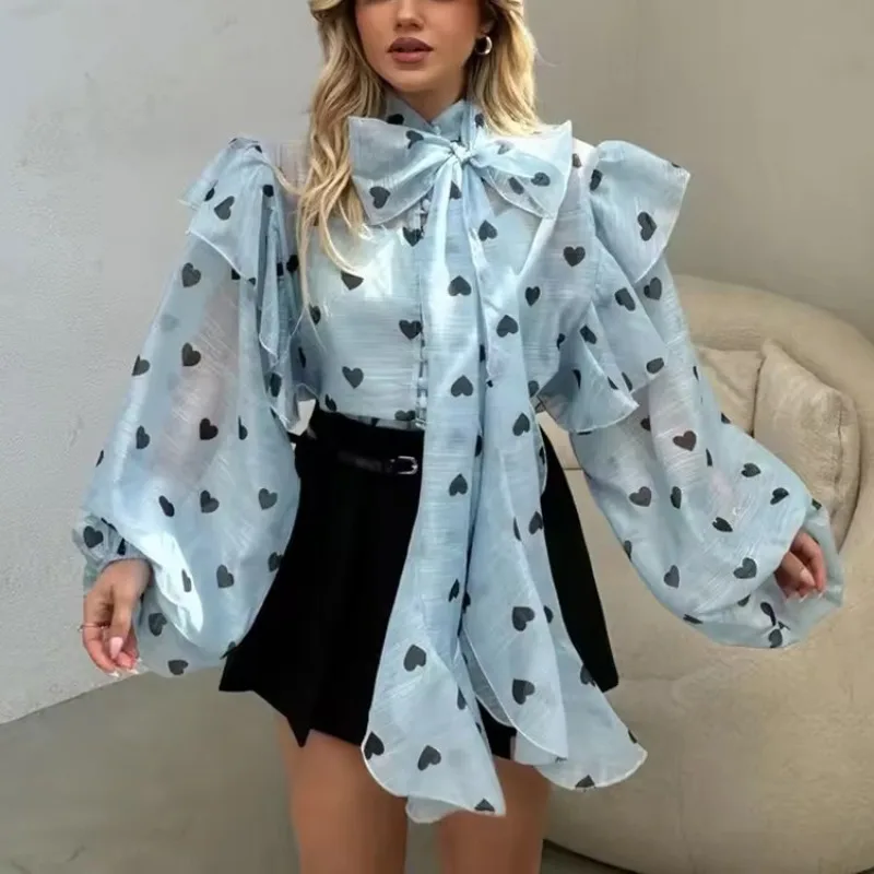 

Women's Light Blue Heart Print Sheer Blouse Bow Tie Neck Ruffle Puff Long Sleeve Elegant Party Shirt Top for Spring Summer