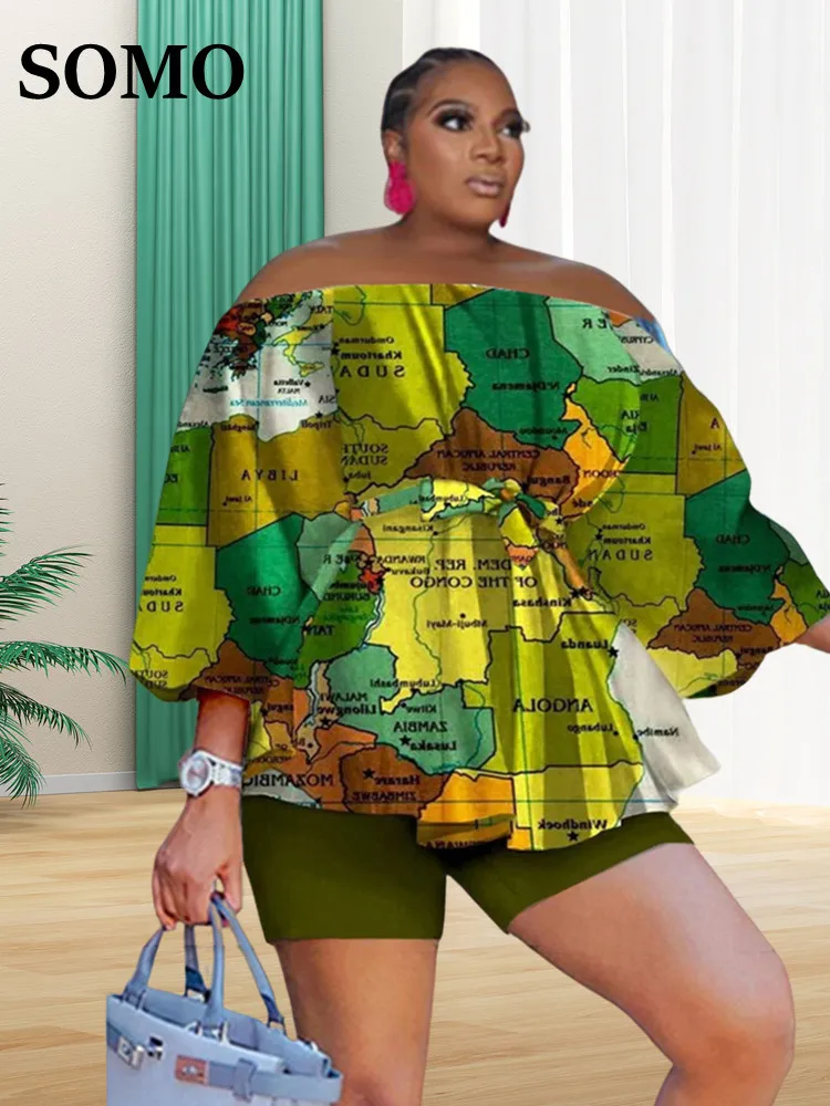 

SOMO Plus Size Sets Women Printed Loose Tops and Shorts Matching Summer Casual Stretch Two Piece Outfits Wholesale Dropshipping