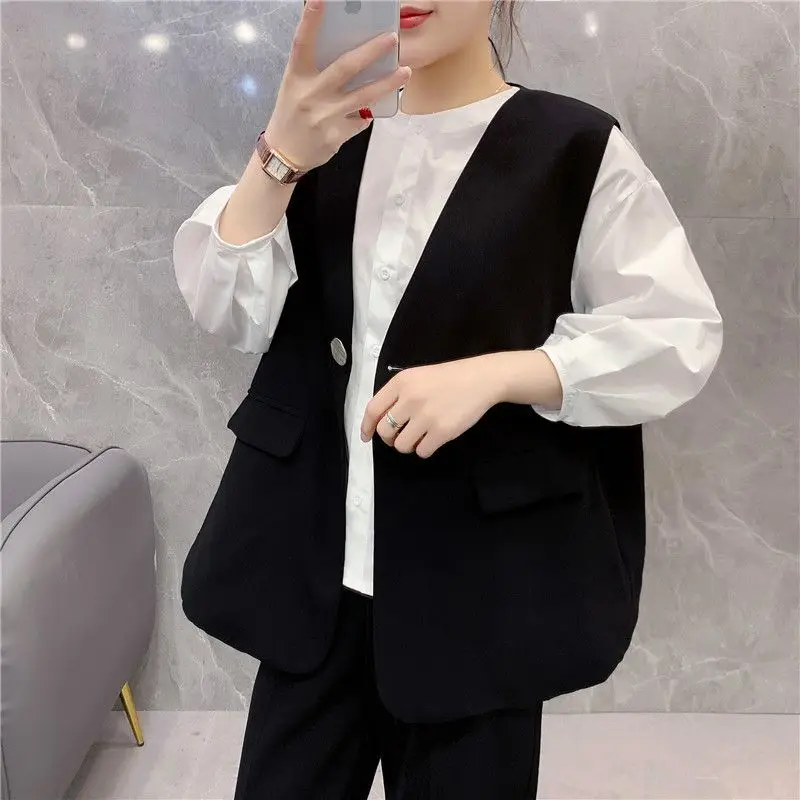 

Vest Women Spring Black All-match V-neck Simple Unisex Street Elegant Office Lady Leisure Fashion Popular Loose Outwear Ins 2021