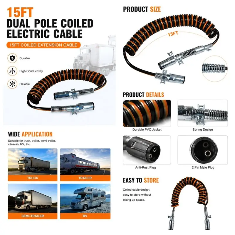 ABXF-Dual Pole Coiled Electric Cable Coiled Electric Cable With 2 X 12'' Leads Charging Liftgate Cable