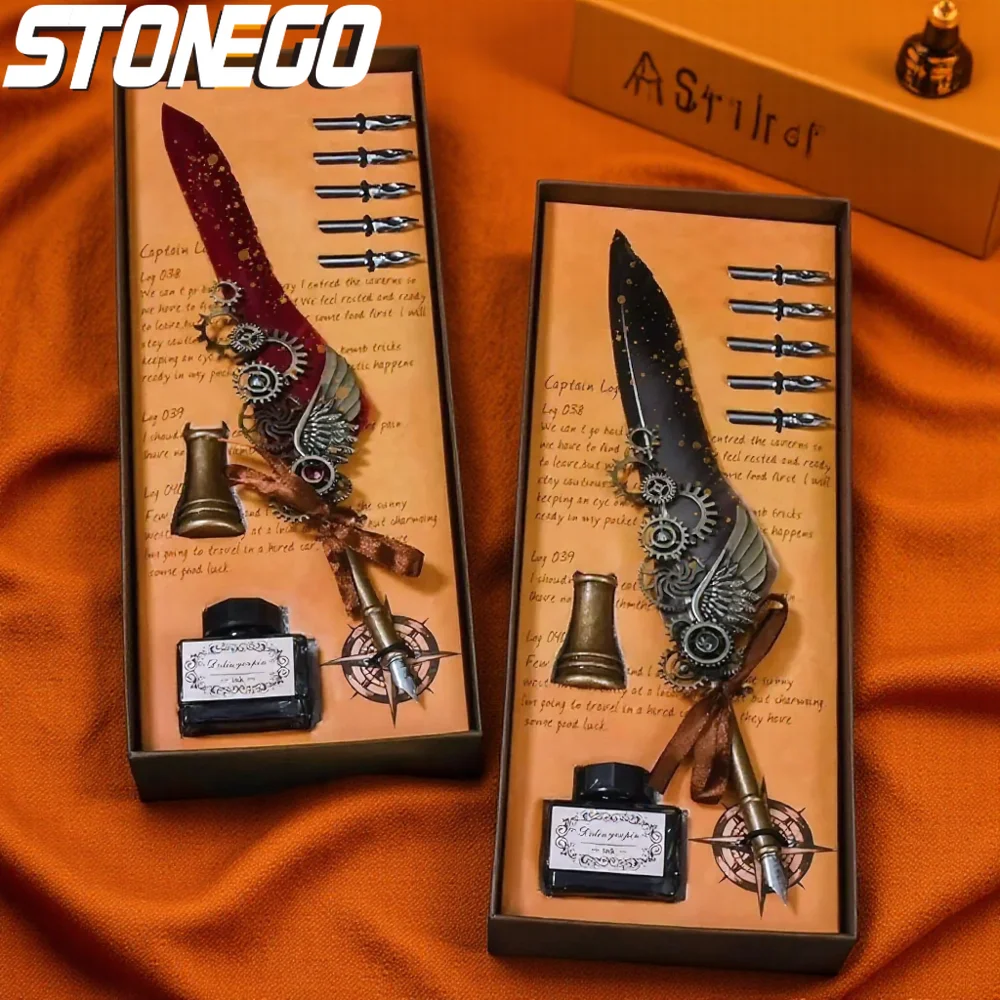 

Винтажный набор перьевых ручек с подставкой для каллиграфии и письма, включает флакон с чернилами 15 мл для подписи и творчества