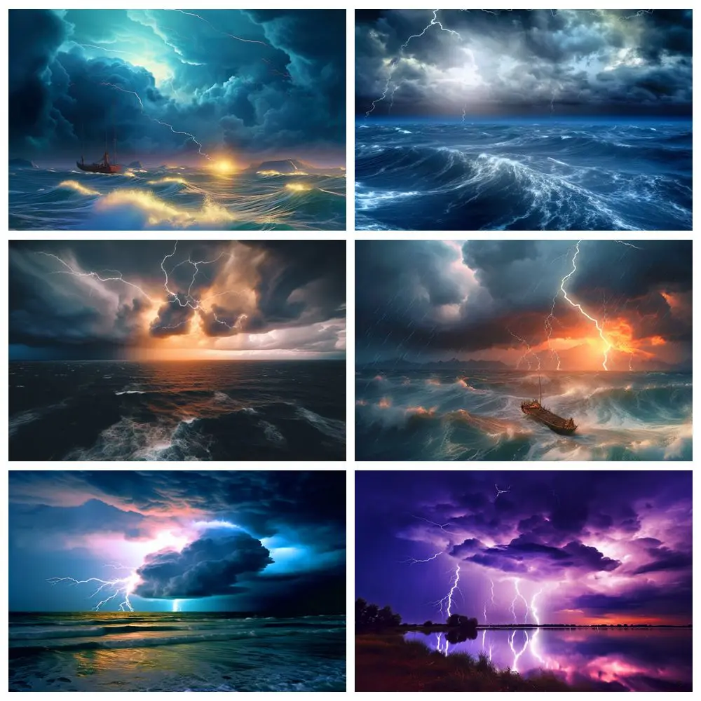 Sea Rainstorm Scene Backdrop Ocean Storm Lightning Birthday Party Travel Portrait Holiday Adventure Photography Background Decor