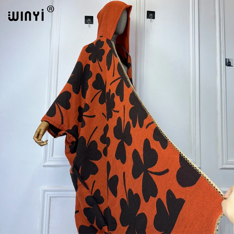 WINYI Winter African Hooded loose cardigan Female abaya outfits for women coat Open Front Kimonos long down poncho maxi dress