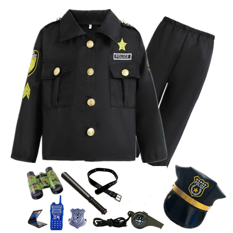 Deluxe Police Costume for Kids Embroidered Jacket and Walkie Talkie Set Halloween Party Dress-up with Telescope