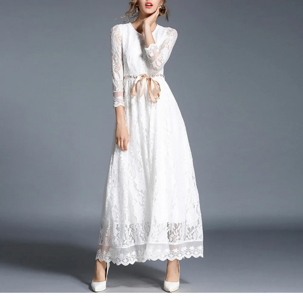 

High-end Women's White Long Dress New Spring 2023 Wrist Sleeves Hollow Lace High Waist With A Tie Elegant Ladies Wedding Dresses