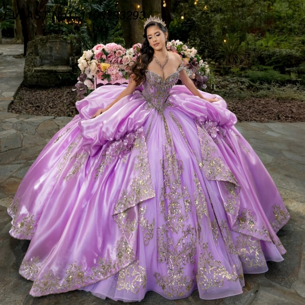 EVLAST Customized Sparkly Lilac Quinceanera Dress Ball Gown Crystal Gold Applique Ruffles Sweet 16 Vestidos De 15 Anos AQ858