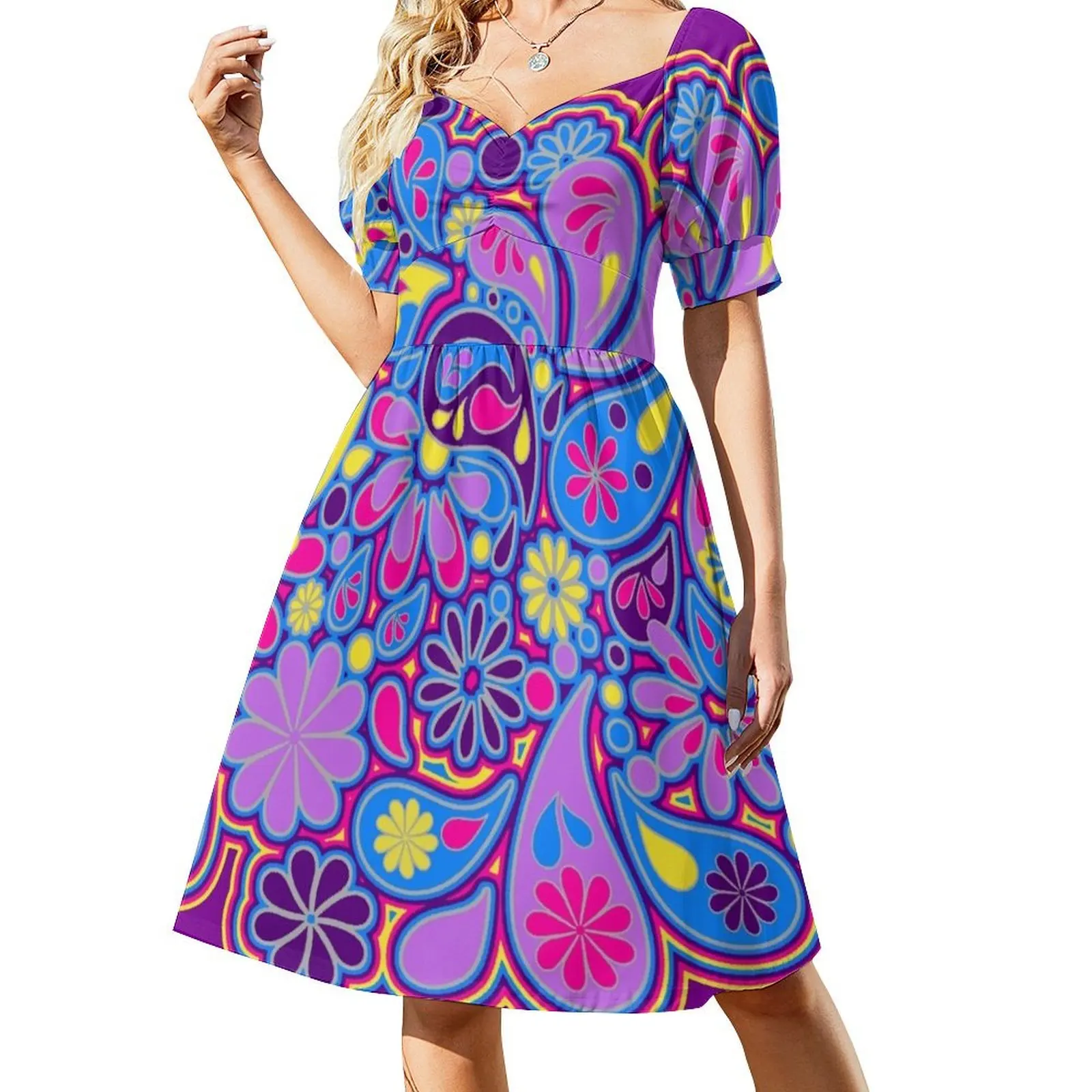 

Retro Paisley Flower Bohemian Hippie Art Short Sleeved Dress purple dress women long dresses dress for women summer