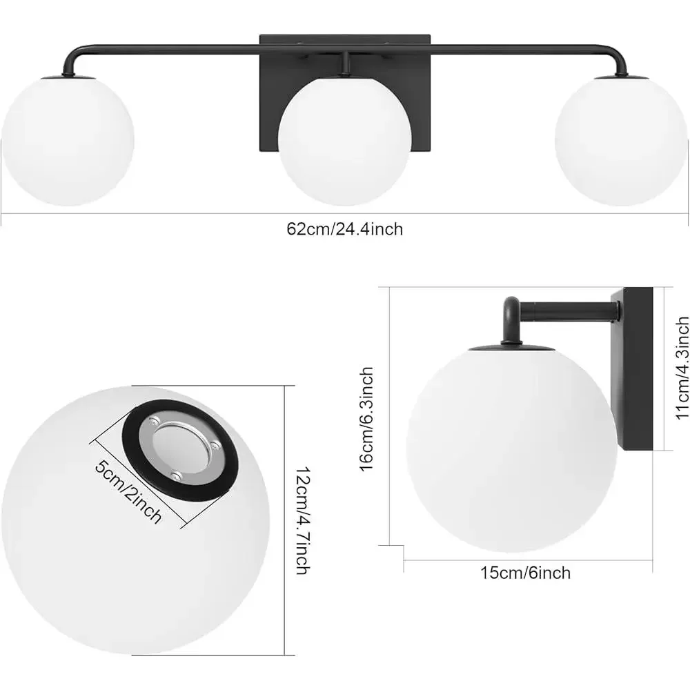 3-Light تركيبات أضواء الحمام الحديثة الغرور كرة زجاجية سوداء مقاوم للماء الشمعدانات الصناعية سهلة التركيب جدار سلكي