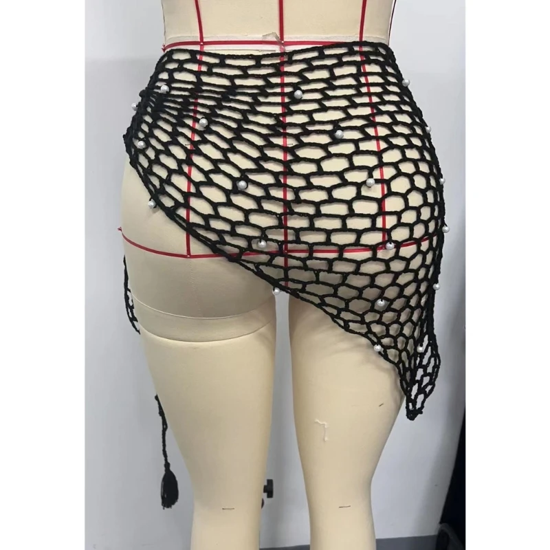 E8BF女性ビーチスカートハーフビーチカバーアップホローアウト水着ラップスカートビーチサロンフィッシュネットスカート