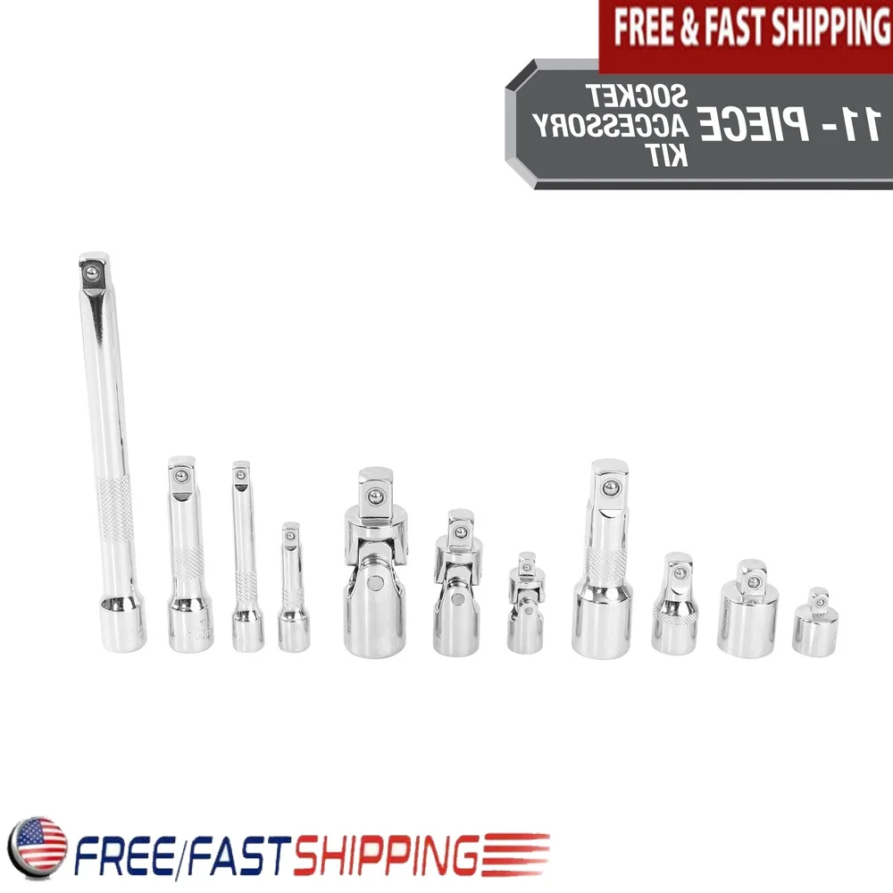 

Complete Socket Accessory Set 1/4 3/8 1/2 Drive 11 Piece Chrome Vanadium Steel Universal Joints Extensions Adaptors Durable Rust