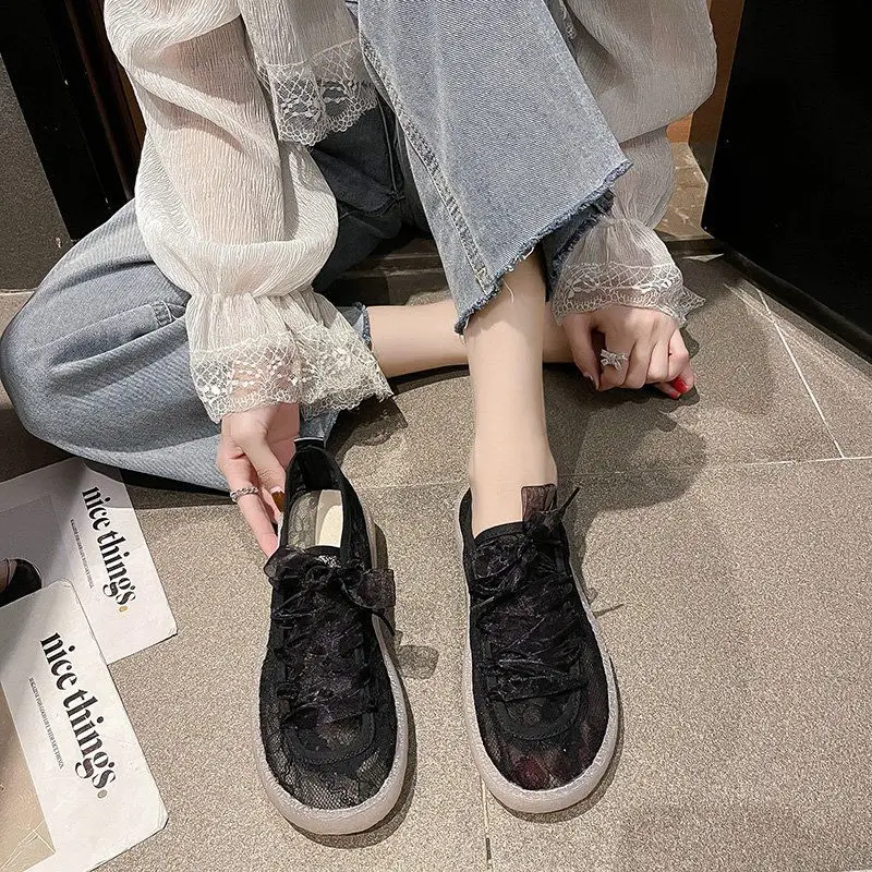 Off White Lace Up Woman Footwear Shoes For Women Black Mesh Breathable Flat Fashion 2024 Chic Elegant Promotion Sale Summer New