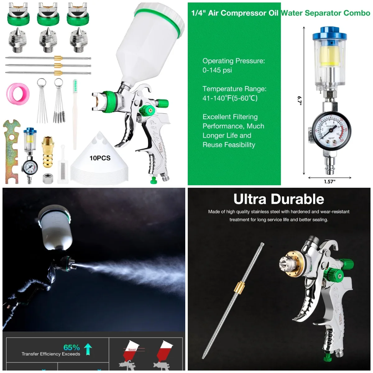 

Комплект пистолета-распылителя HVLP с насадками 1,4/1,7/2,0 мм, воздушным фильтром и манометром для автомобилей, мебели, покраски своими руками