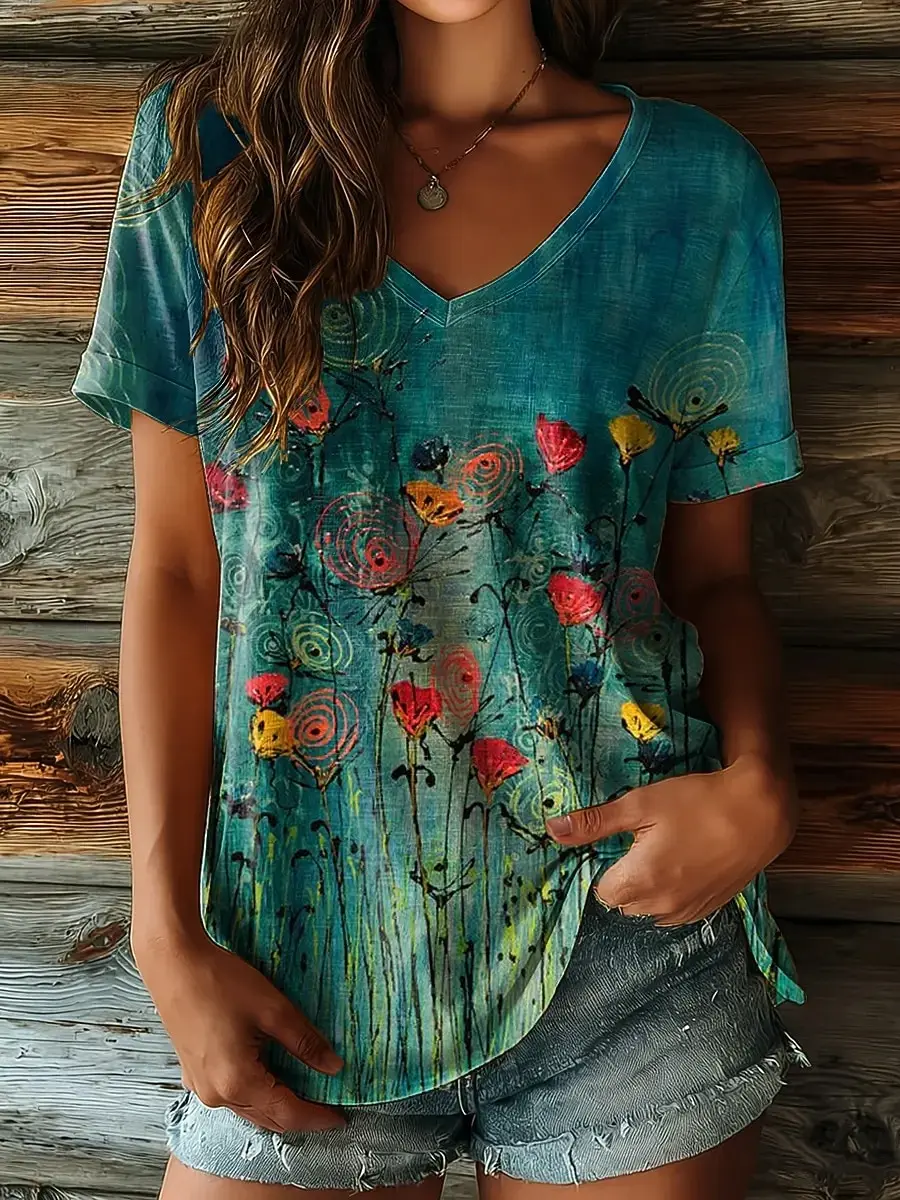 Women's Floral Plants Graphic T-Shirt, V Neck Short Sleeve Casual Tops, Blue Green Classic Daily Wear for Spring & Summer