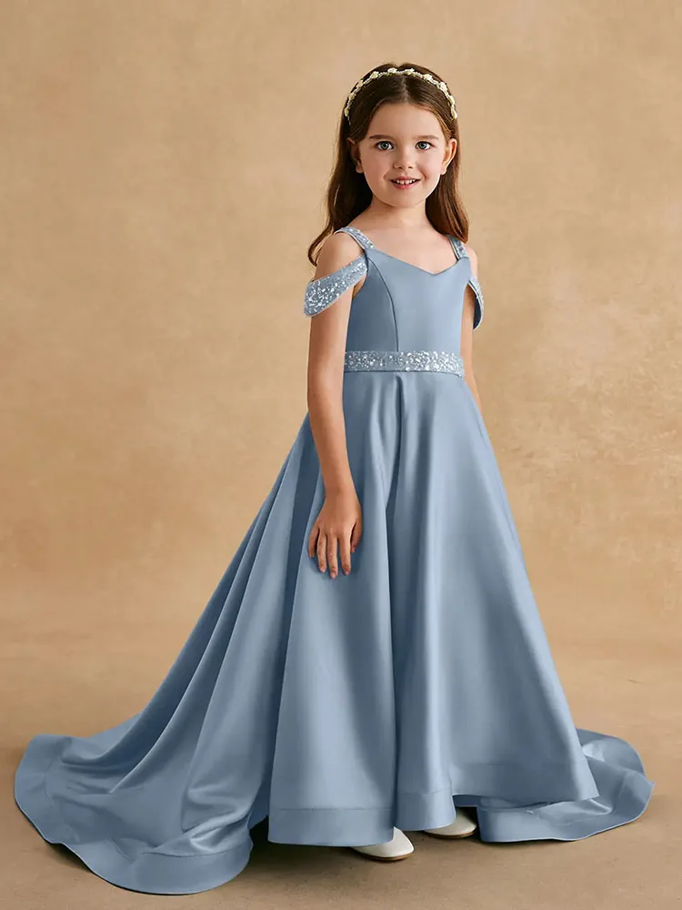 

Blue satin flower girl dress elegant beaded trailing long dress Can custom size color formal occasion celebration evening dress