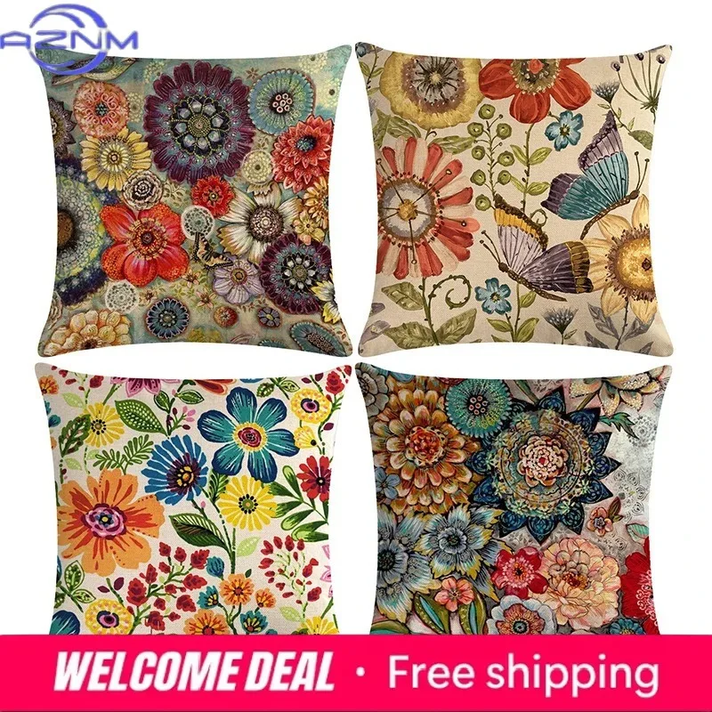 Home Decor Colorful Floral and Butterfly Pattern Pillow Covers Pattern Cushion Cover Suitable for Sofa Bedroom Car Pillow Cover