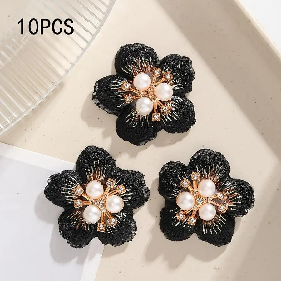 1/5/10/20/50/100pcs Fabric Artificial Embroidered Five-Petal Flower with Pearls and Rhinestones, Clothing Decoration Accessories