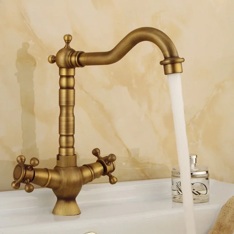 European Style Household Dual Handle Hot and Cold Water Basin Faucet Retro Spiral Antique Copper Brass Kitchen Faucet