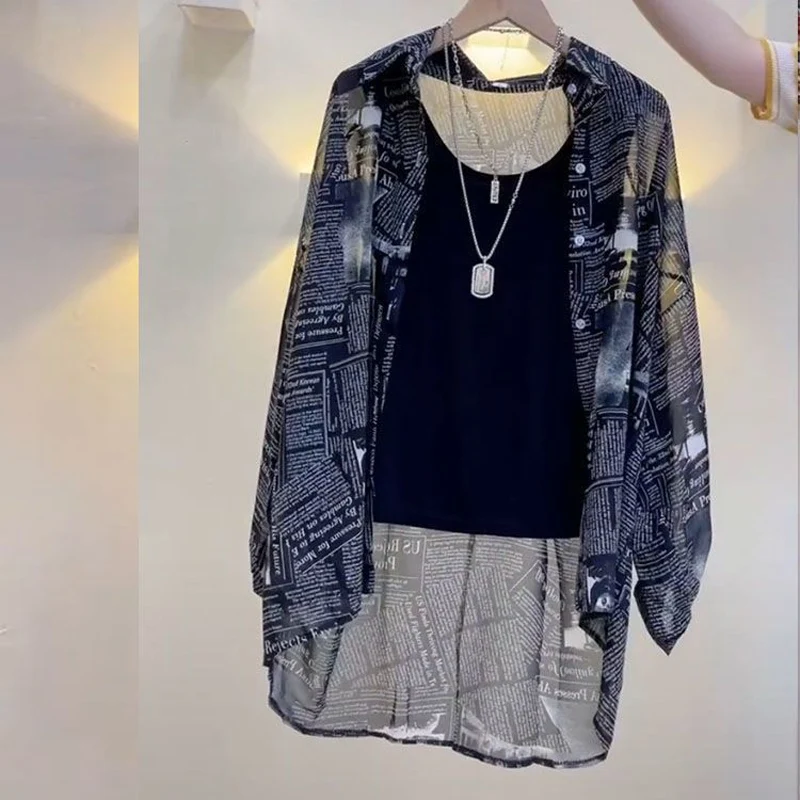 Summer New POLO Collar Fashion Long Sleeve Shirt Women High Street Casual Loose Button Patchwork Cardigan Letter Printing Tops