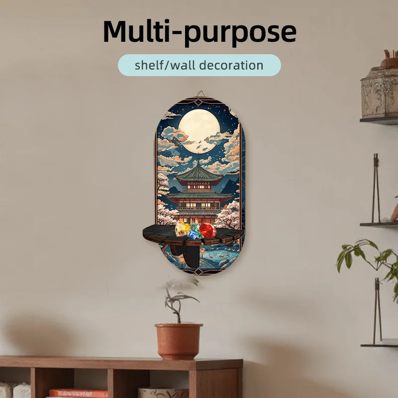 Wall-Mounted Bohemian Shelf with Crystal Stone Frame - Multi-Functional Storage Rack & Key Holder Suitable for,, Artificial