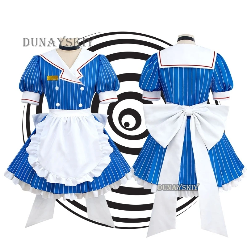 Cosplay Costume Wig Mikuuuu Hypnotist Cosplay Blue Striped Lolita Maid Dress Halloween Party Virtual Uniform Suit