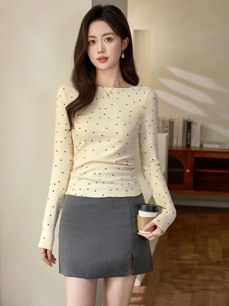 Micro-curled Edge Polka Dot T-shirt Women Clothing Long-sleeved Tops 2025 Autumn New Slim Fit Retro Bottoming Shirt Top Women