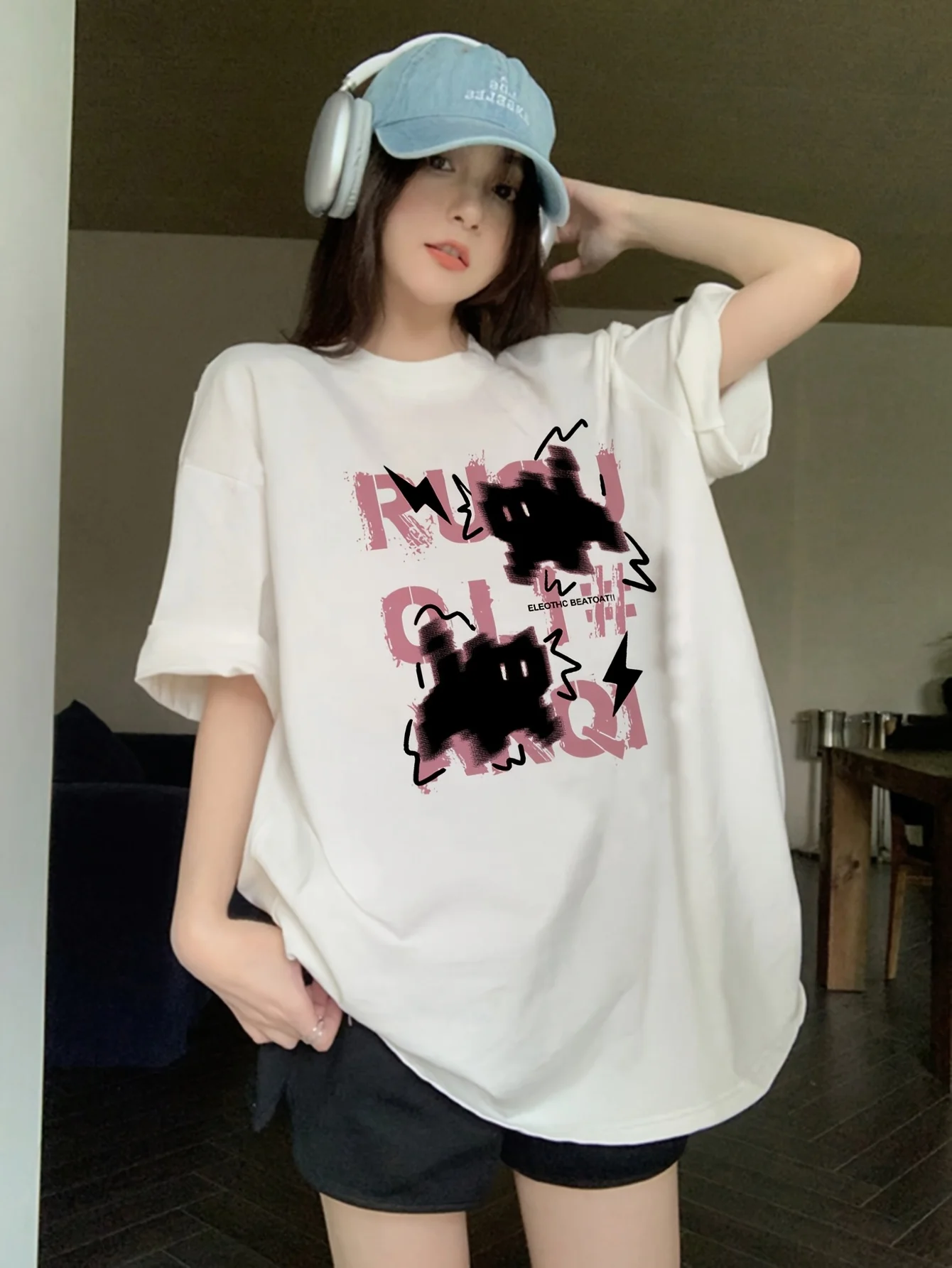 

New Style Horror Cat Printed T-shirts for Summer 2025 Cotton Short Sleeved Casual Y2k Women's Tops Plus Size Casual Loose Tee