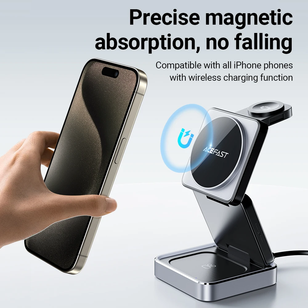 ACEFAST Aluminum Alloy 15W Wireless Magnetic Wireless Charging Holder For iPhone 16/15/14 Foldable 3 in 1 Charging Dock Station - Image 4