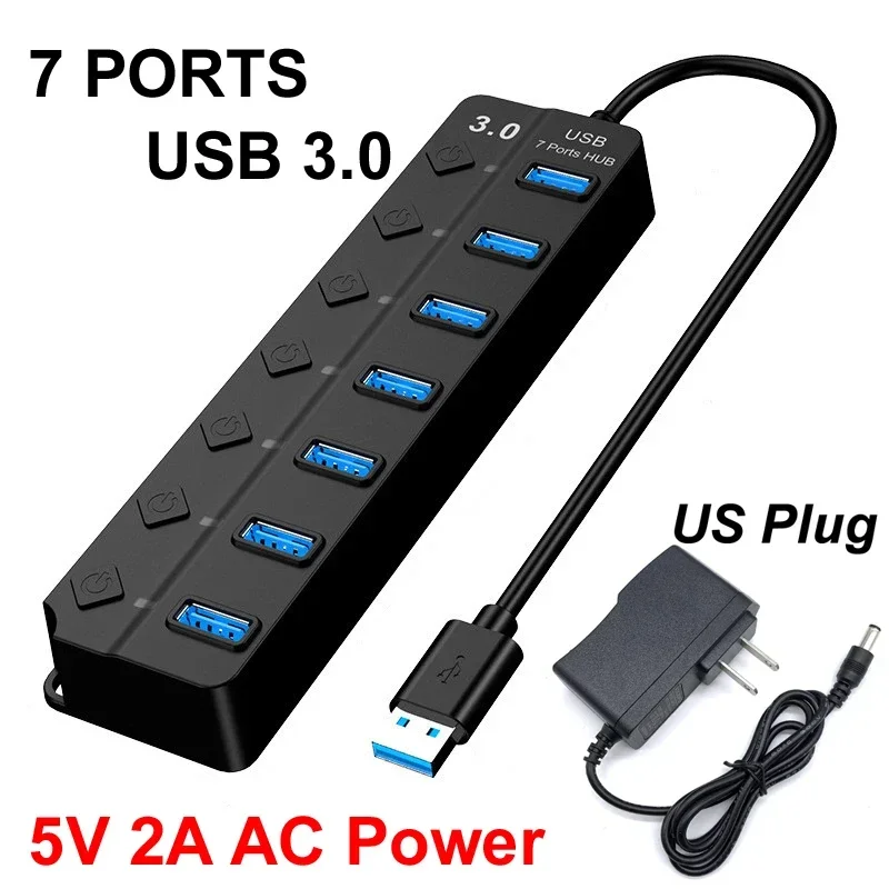 

USB 3.0 4/7 Ports Hub Splitter Switch LED Light 12V 2A DC AC Power 5Gbps Cable For Laptop Mouse keyboard mobile hard disk drive