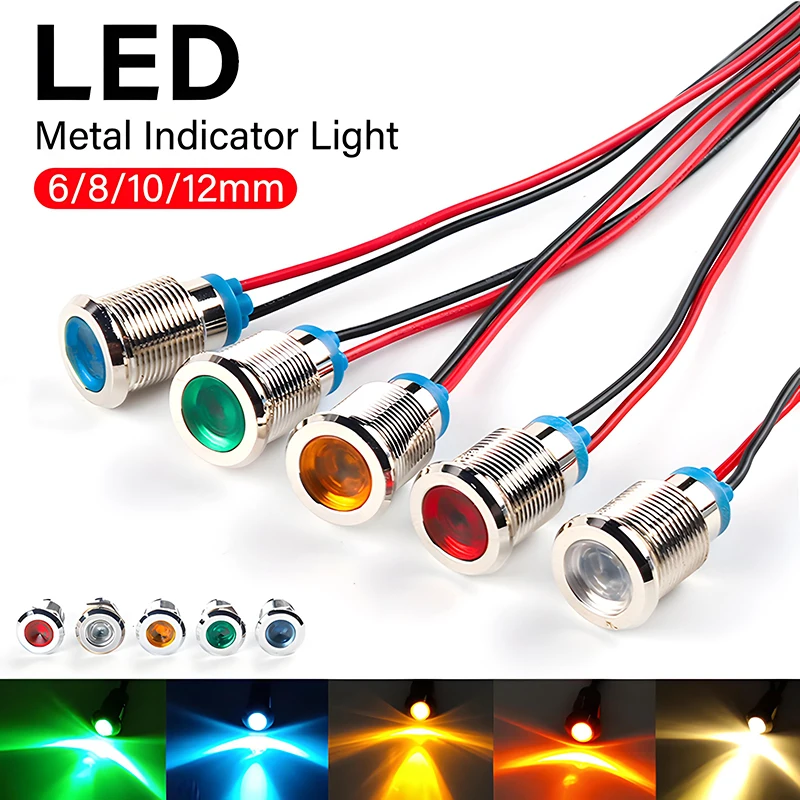 

6mm-12mm LED Metal Indicator Light Waterproof Power Signal Lamp With Wire 12V 24V 110V 220V Red/Yellow/Blue/ Green Metal Button