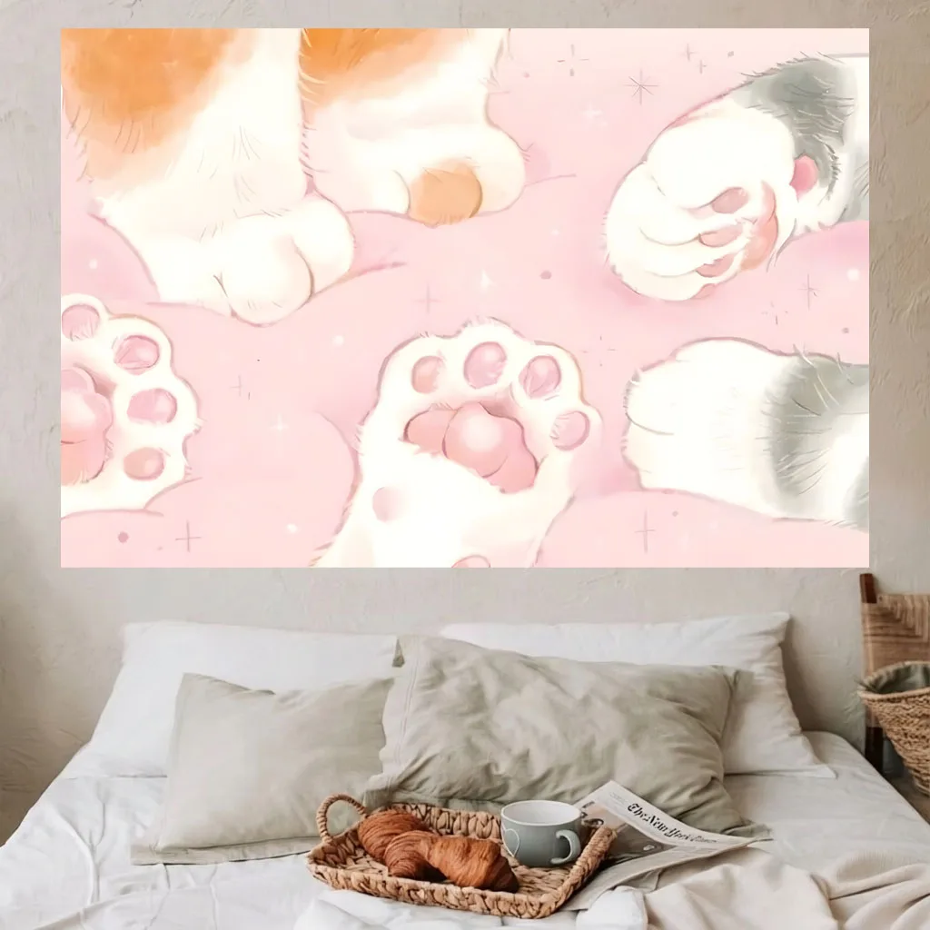Cute Cat Paws Tapestry Soft Cartoon Kitten Paw Print Background Cloth Dorm Bedroom Decor Kawaii Animal Home Wall Tapestry Gift