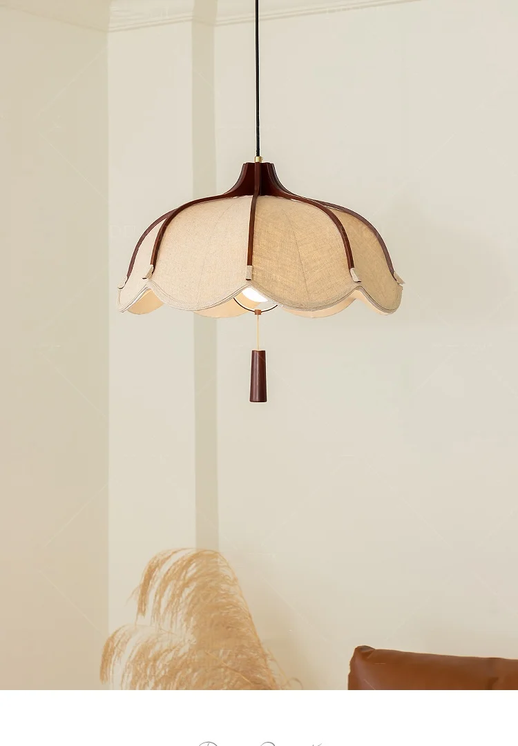 Chinese Wood E27 LED Fabric Pendant Lights Dining Room Drop