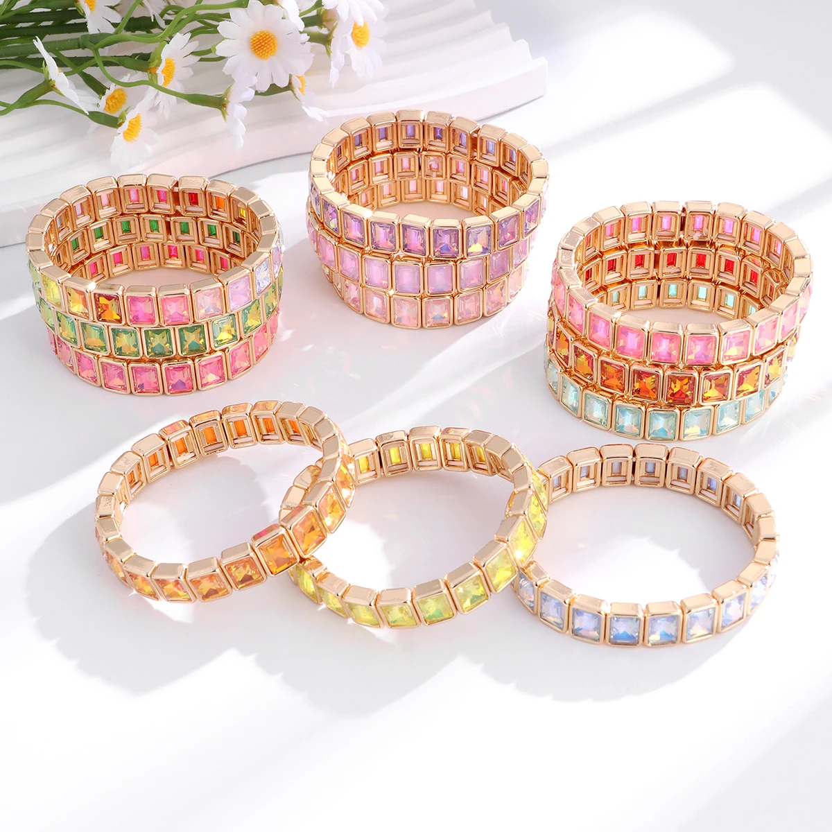 New Arrivals Geometric Bohemian Rainbow Glass Crystal Stretchy Stretch Tennis Bracelet Fashion Gold Plated Jewelry For Women
