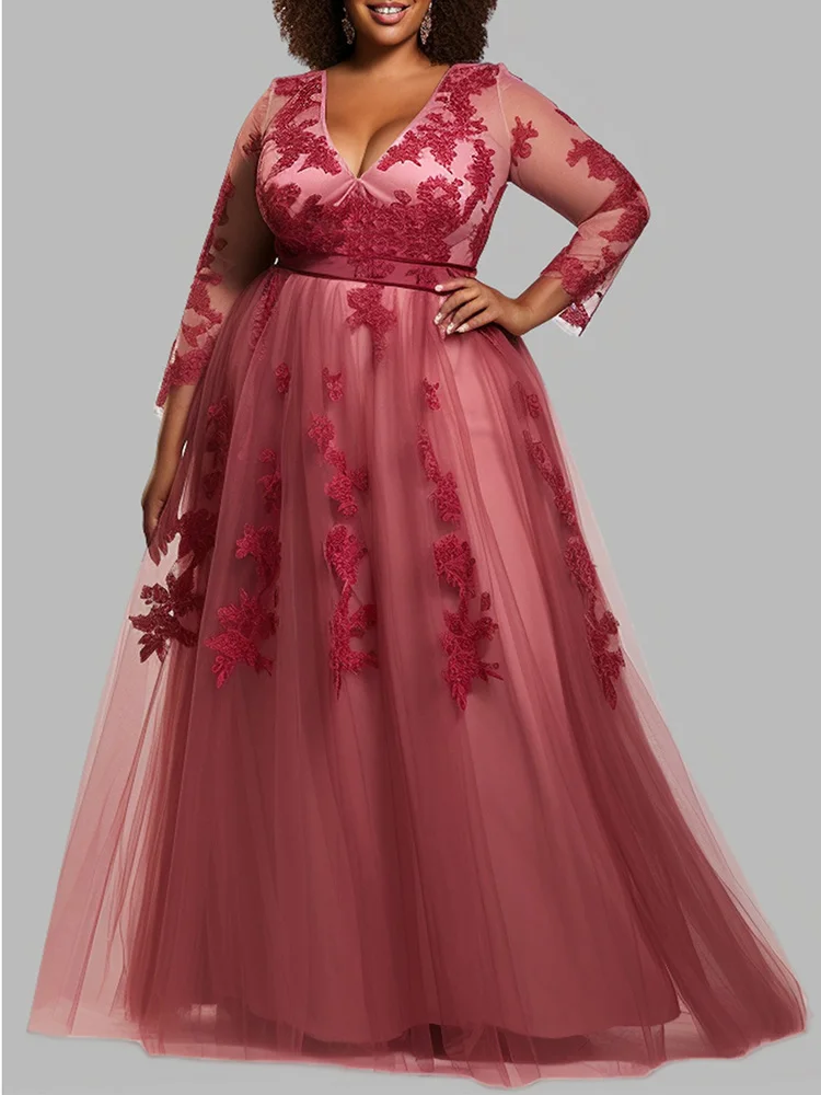 Women Lace Floral Applique Evening Dress Elegant V-Neck Sheer Mesh Long Sleeve A Line Maxi Wedding Guest Prom Gown Party Vestido