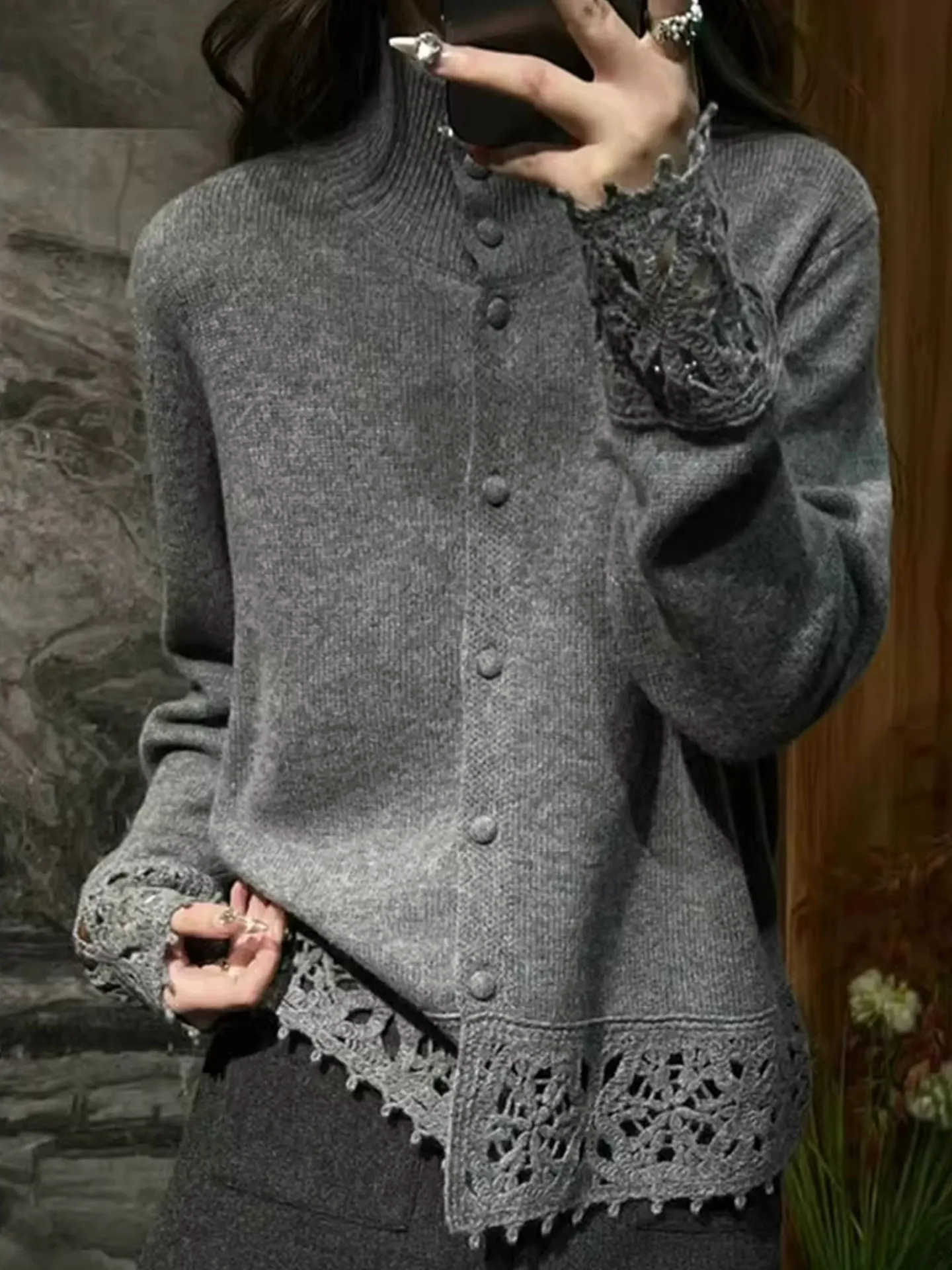 

Ele High-Ne Long-Sve Knitted Open Cardigan Pure Color 2025 Winter Sle Hooked Hollow out Sweater Top for Women