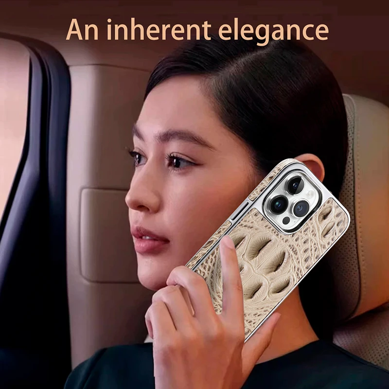 Genuine Leather Crocodile Pattern Electroplated Frame Phone Case For iPhone 12 13 14 15 Pro Max Luxury Leather Shockproof Covers