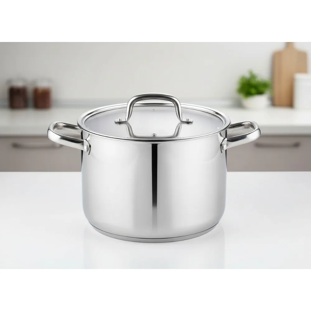 

8 Quart Stainless Steel Stockpot with Glass Lid, Tri-Ply Clad Induction Soup Pot for Home Cooking, Dishwasher Safe