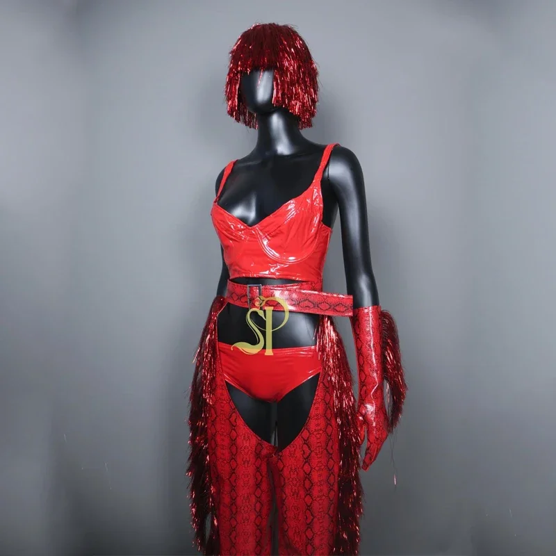 Nieuwe sexy gogo danseres kostuum rode pailletten omzoomd set paaldans kleding vrouwelijke nachtclub dj ds podium rave outfits podiumkleding